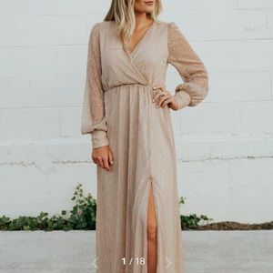 Long Sleeve Champagne Sparkle Gown